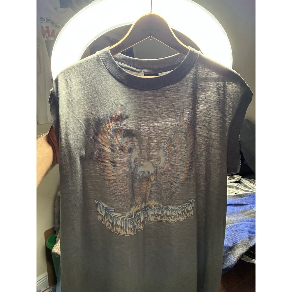 Vintage 3D Emblem Harley Davidson Steve McDonald Eagle Art T Shirt Thin Burnout